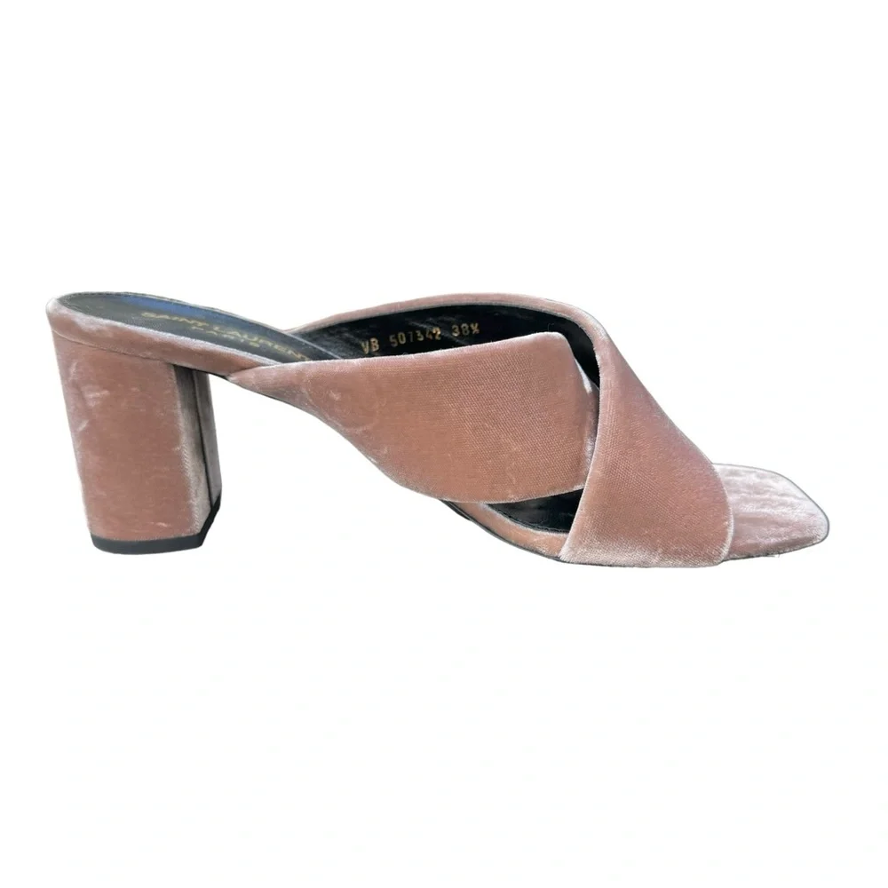 Saint Laurent Loulou Velvet Sandals Pink Crossover Strap Block Heel Mules Womens - Picture 8 of 17
